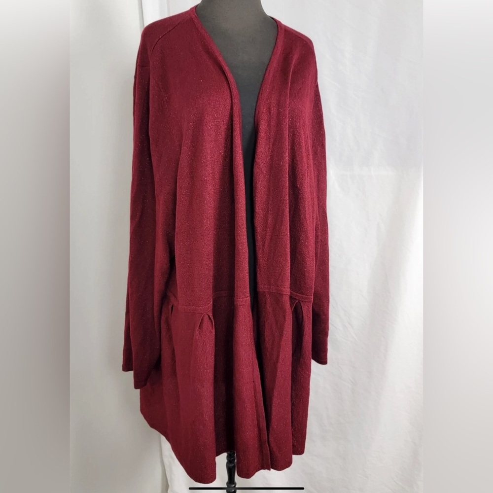 CATHERINES Burgundy Glitter Sleeve Open Swing Peplum Cardigan Sweater 5X NWOT